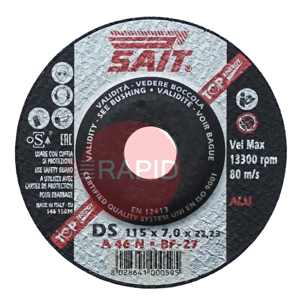 000059  SAIT Premium-DS 115mm (4.5) Grinding Disc 7mm Thick - Grade DS A 46 N. For Aluminium.