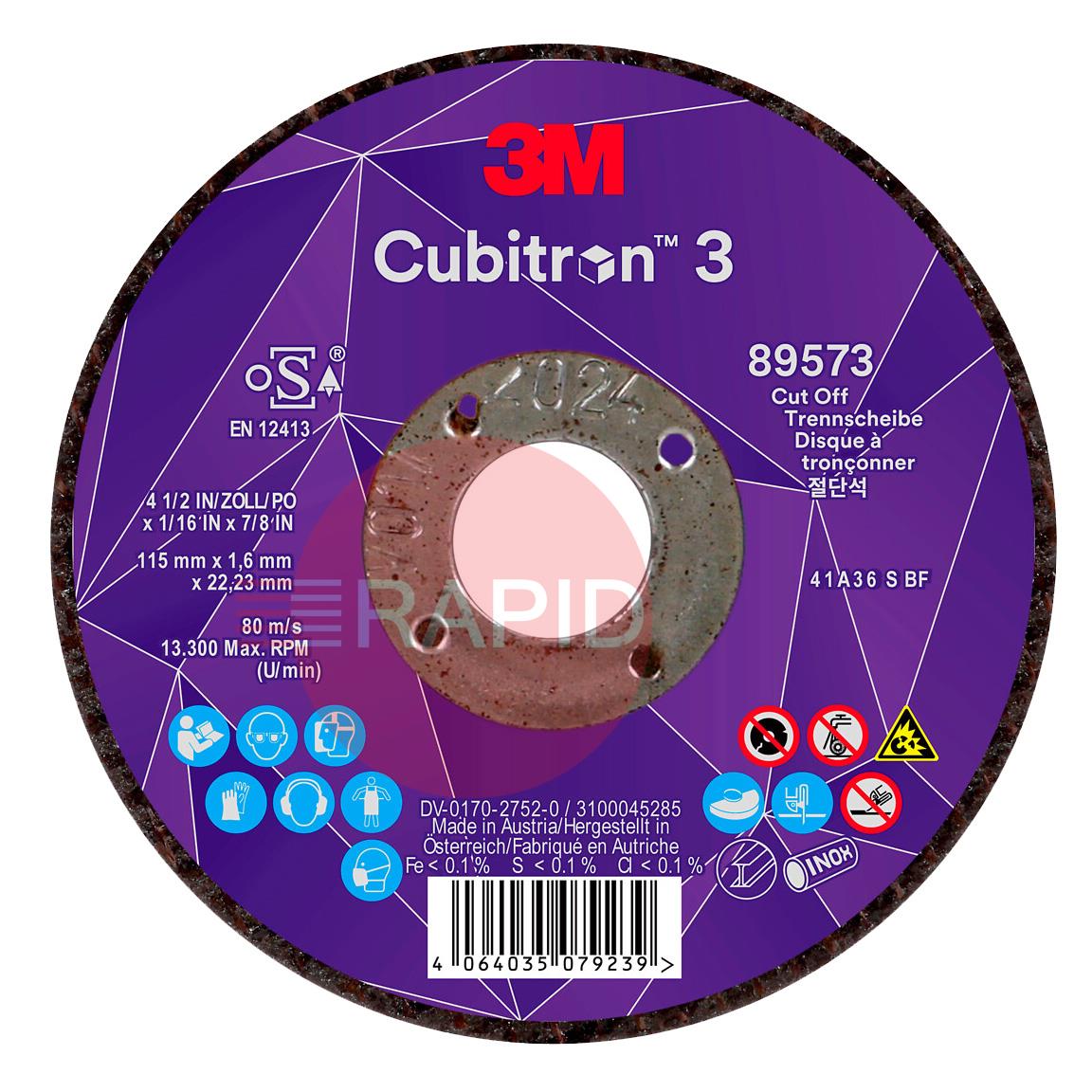 3M-89573  3M Cubitron 3 115mm (4.5) x 1.6mm Cut Off Wheel