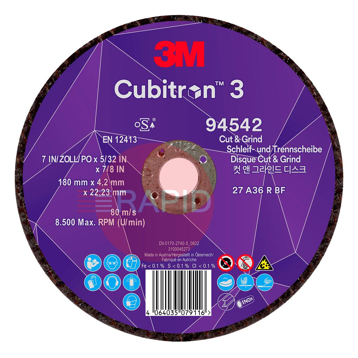 3M-94542  3M Cubitron 3 180mm (7) Cut & Grind Wheel