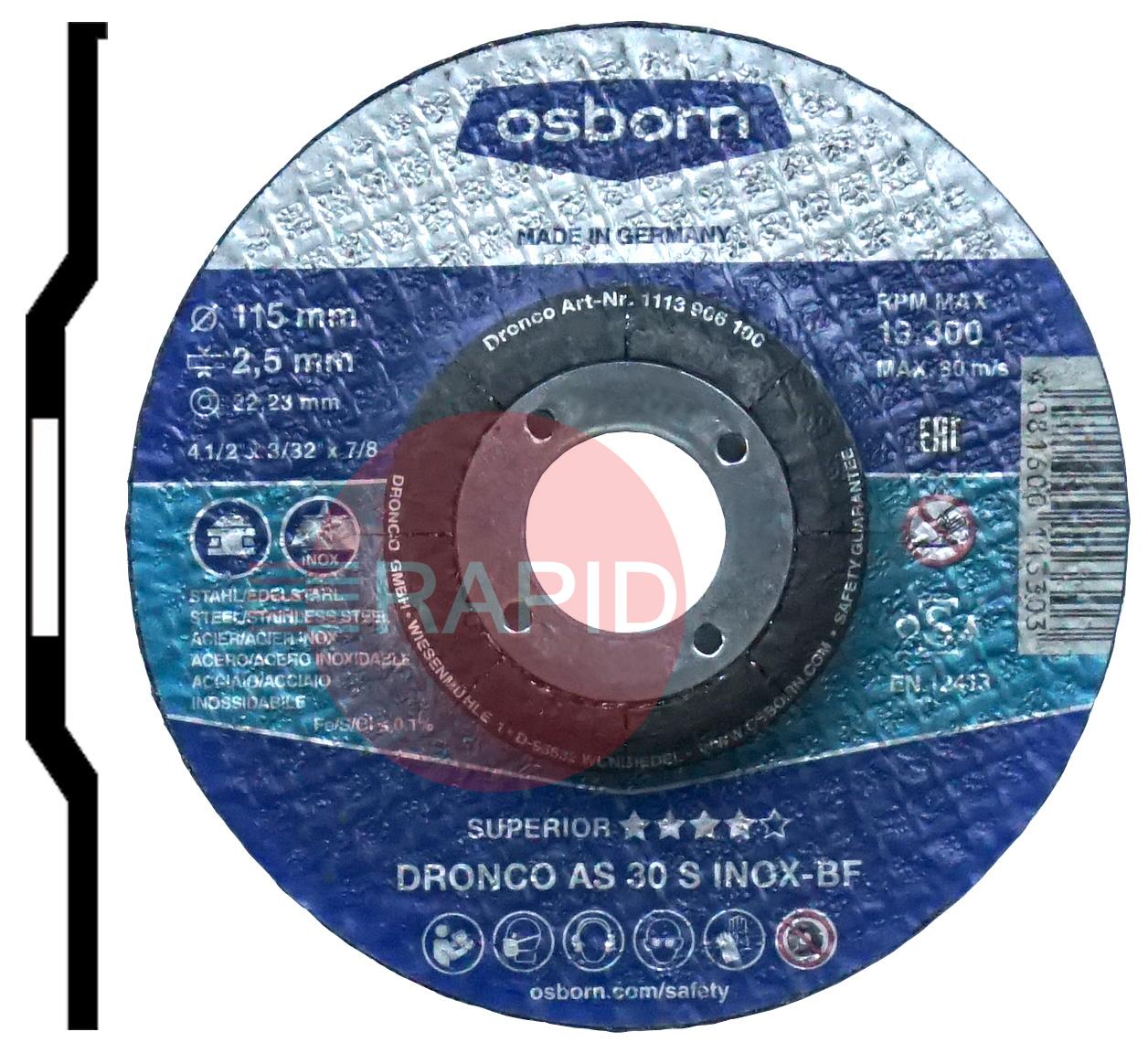 412MC  Dronco 115mm (4.5) Depressed Centre Cutting Disc 2.5mm Thick. Grade AS 30 S Inox-BF For Steel & Stainless Steel.