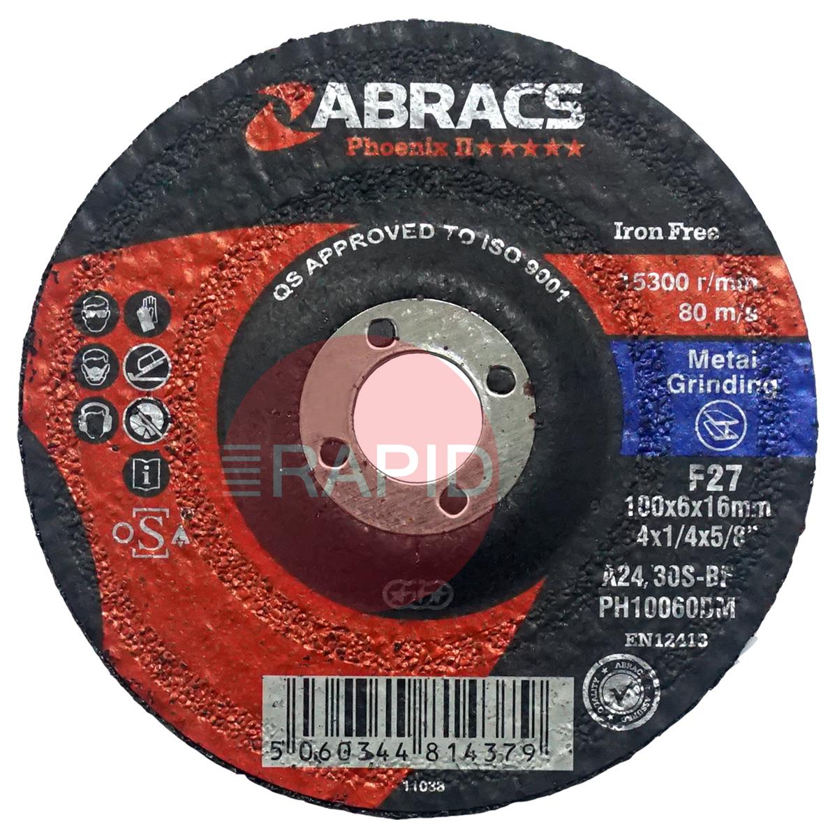 4MG  Abracs Phoenix II 100mm (4) Depressed Centre Grinding Disc 6mm Thick. Grade A24/30S4BF For Steel.