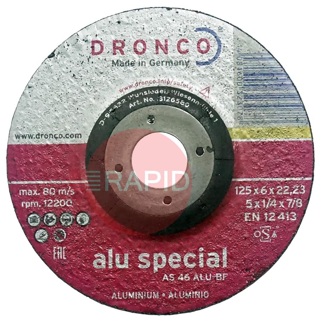 5AG  Dronco 125mm (5) Depressed Centre Grinding Disc 6mm Thick. Grade AS 46 Alu-BF For Aluminium.