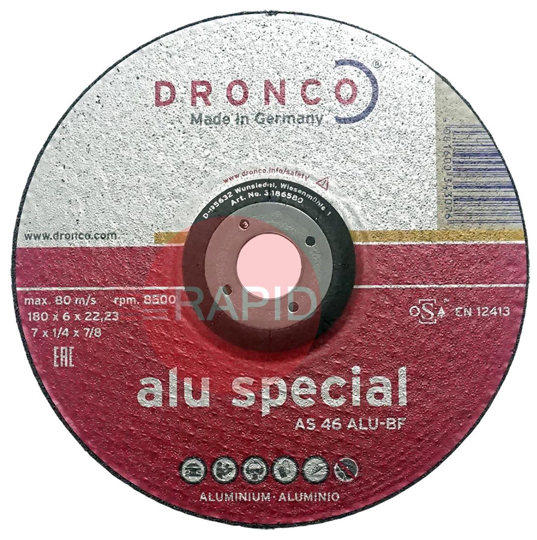 7AG  Dronco 180mm (7) Depressed Centre Grinding Disc 6mm Thick. Grade AS 46 Alu-BF For Aluminium.