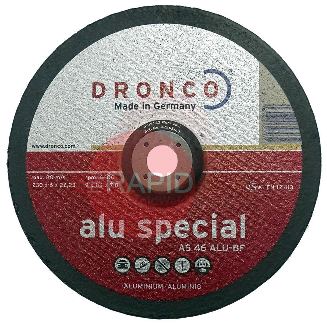 9AG  Dronco 230mm (9) Depressed Centre Grinding Disc 6mm Thick. Grade AS 46 Alu-BF For Aluminium.
