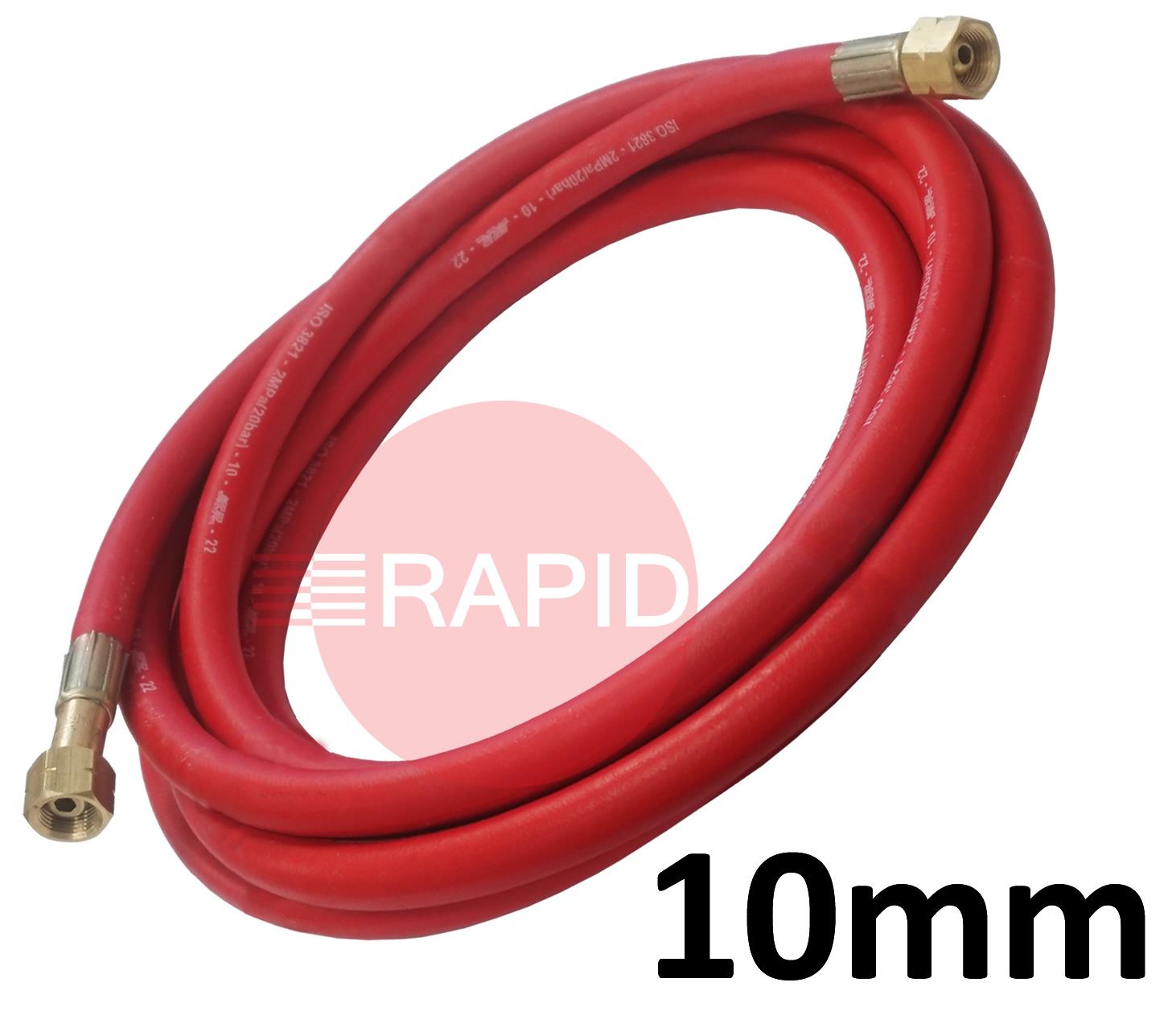 A5130  Fitted Acetylene Hose. 10mm Bore. G3/8 Check Valve & G3/8 Regulator Connection - 10m