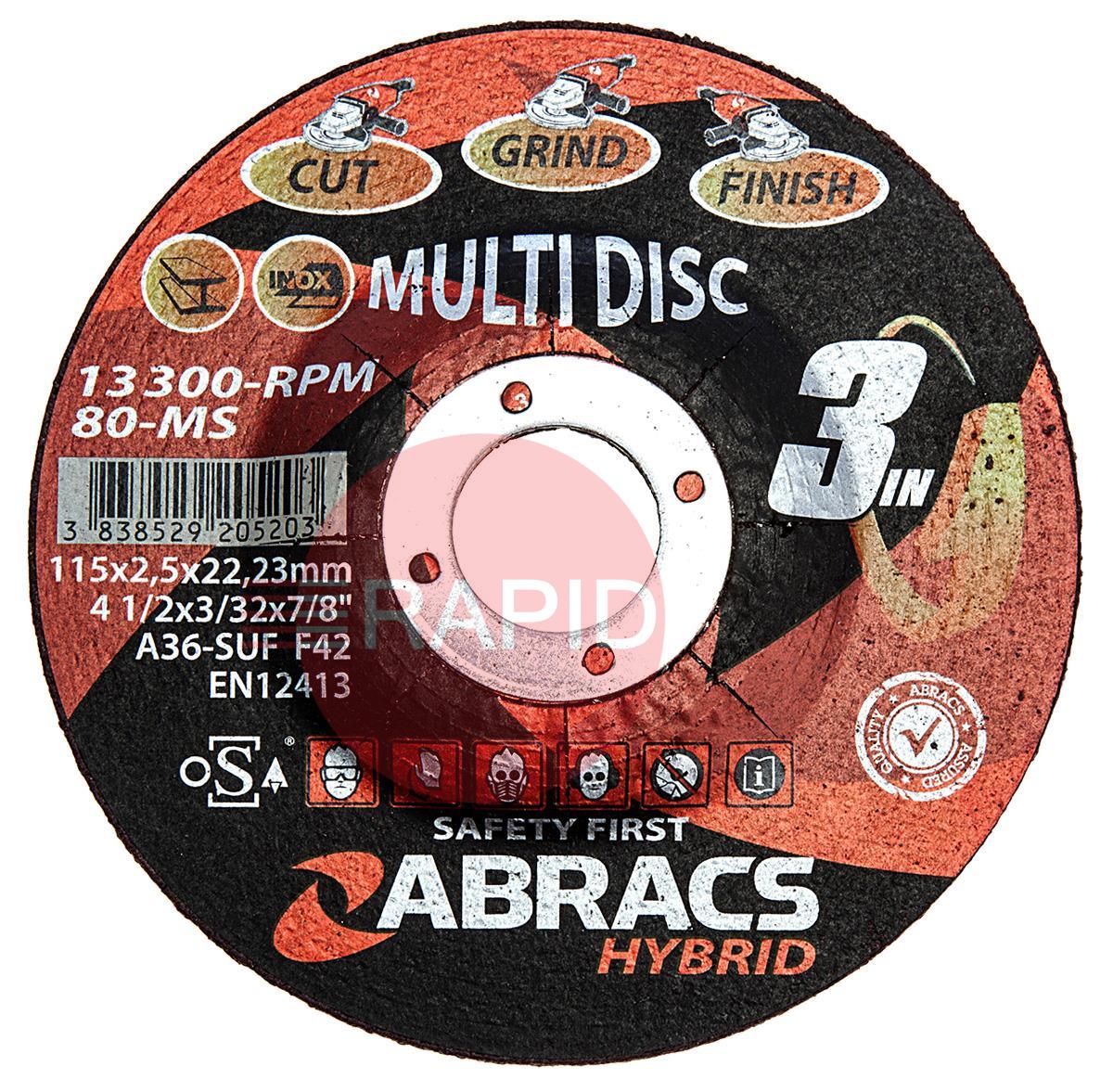 HY11525DM  Abracs Hybrid 115mm (4.5) Depressed Centre Multi Disc 2.5mm Thick. Grade A36SBF For Steel & Stainless Steel.