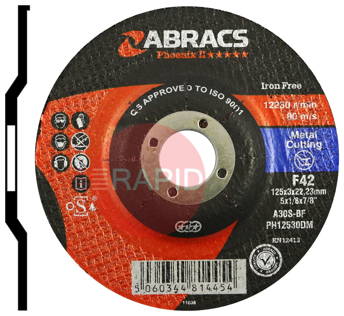 PH12530DM  Abracs Phoenix II 125mm (5) Depressed Centre Cutting Disc 3mm Thick. Grade A30S-BF for Steel