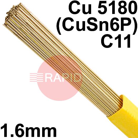 RO081650  SIFPHOSPHOR Bronze No 8 Copper Tig Wire, 1.6mm Diameter x 1000mm Cut Lengths - EN 14640: Cu 5180 (CuSn6P), BS: 2901: C11. 5.0kg Pack
