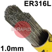 163010R150 Esab OK Tigrod 316L Stainless Steel Tig Wire, 1.0mm Diameter x 1000mm Cut Lengths - AWS A5.9 ER316L. 5.0kg Pack