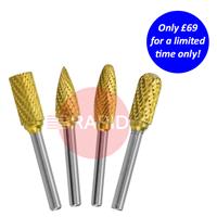 JS26-4020-SET2 HMT JS26 GoldMax Coated Tungsten Carbide Burr 4 Piece 6mm Set