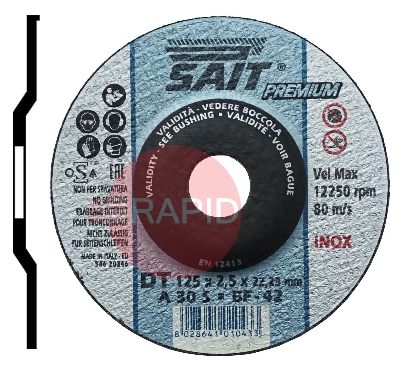 001043  SAIT Premium-DT 125mm (5) Depressed Centre Cutting Disc 2.5mm Thick - Grade DT A 30 S