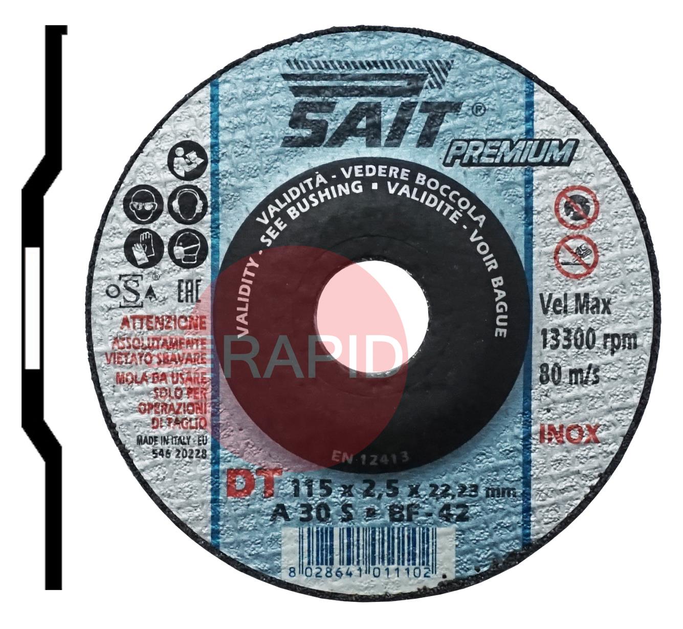 001110  SAIT Premium-DT 115mm (4.5) Depressed Centre Cutting Disc 2.5mm Thick - Grade DT A 30 S
