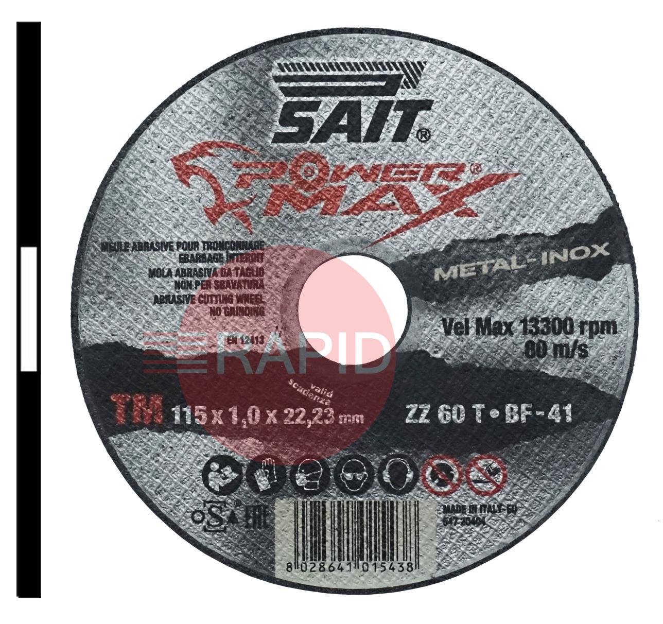 001543  SAIT Powermax-TM 115mm (4.5) Slitting Cutting Disc 1mm Thick - Grade ZZ 60 T