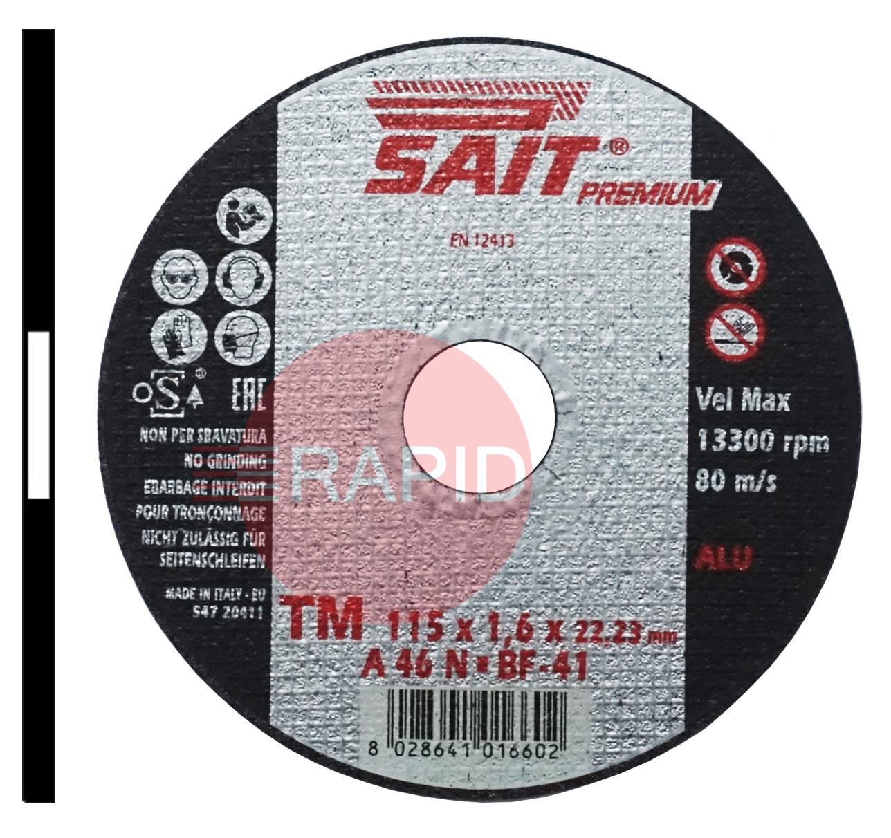 001660  SAIT Premium 115mm (4.5) Slitting Disc For Aluminium.1.6mm Thick - Grade TM A 46 N
