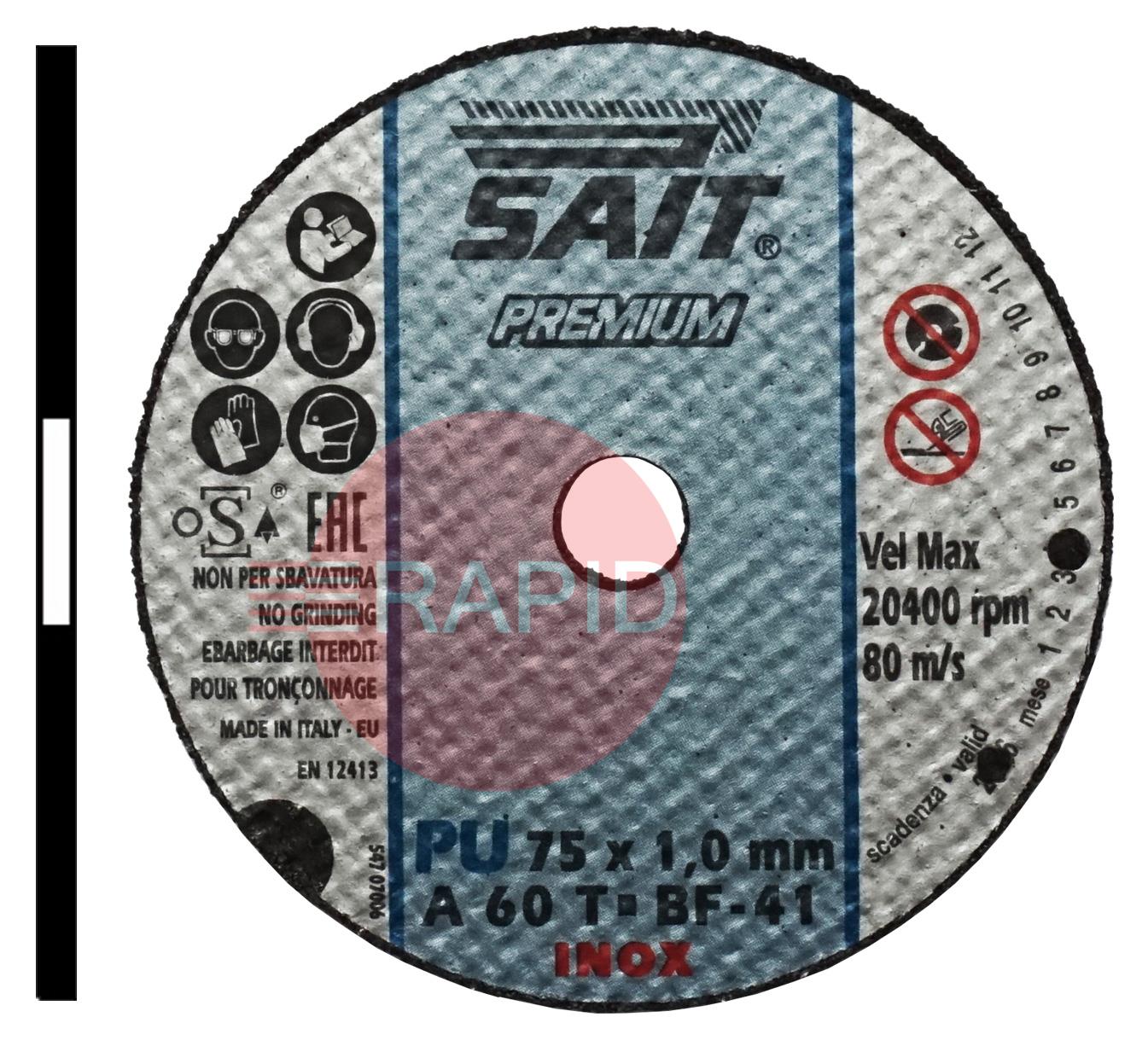 005048  SAIT Premium-PU 75mm (3) Slitting Cutting Disc 1mm Thick - Grade PU A 60 T