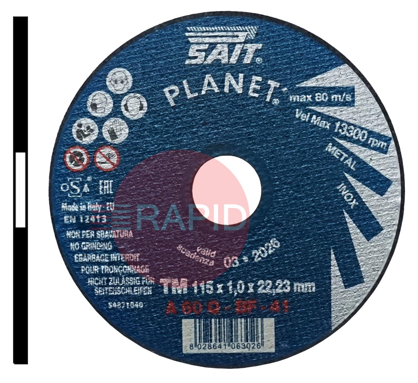 006302  SAIT Planet-TM 115mm (4.5) Slitting Cutting Disc 1mm Thick - Grade TM A 60 Q