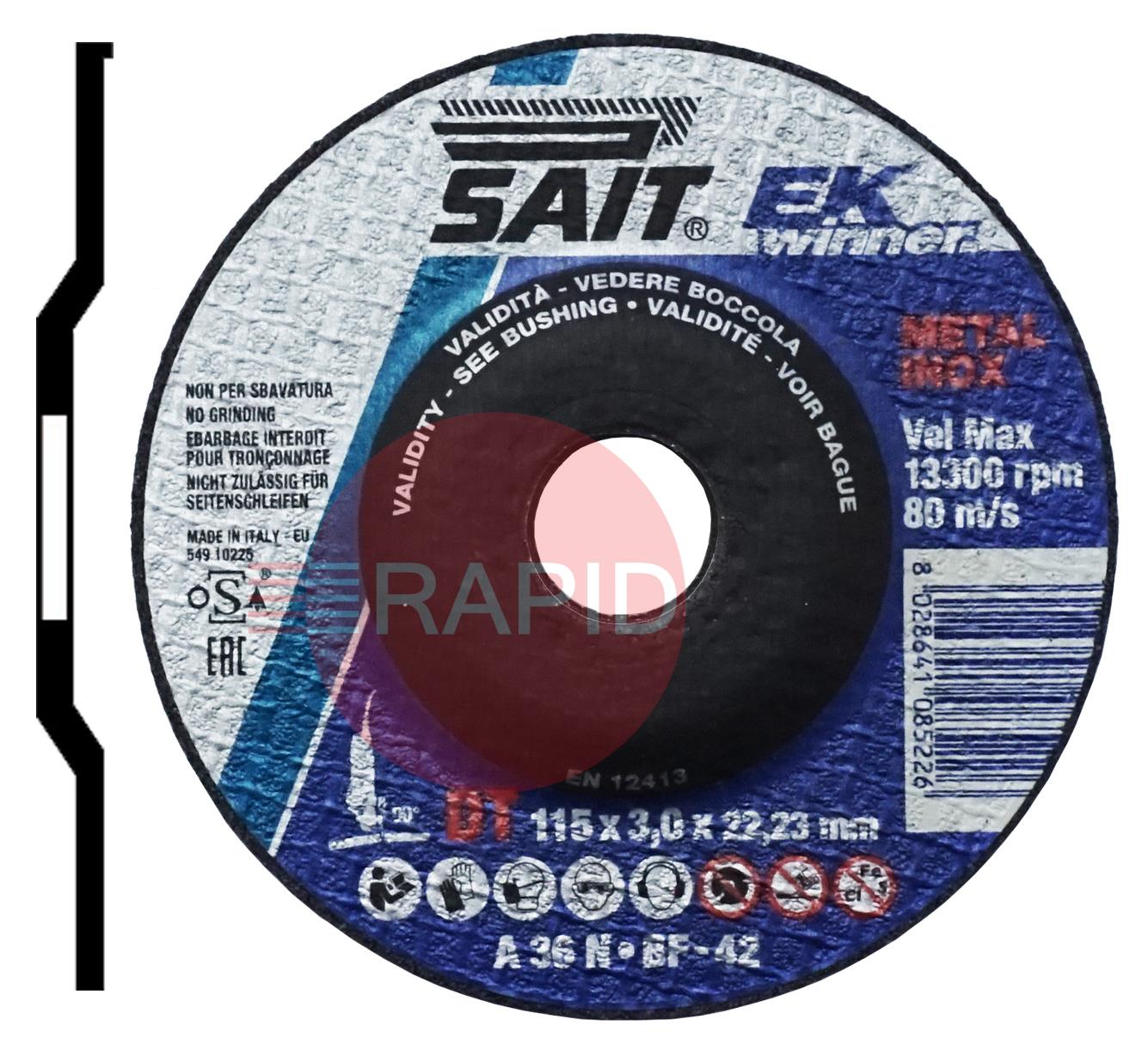 008522  SAIT EK Winner-DT 115mm (4.5) Depressed Centre Cutting Disc 3mm Thick - Grade DT A 36 N