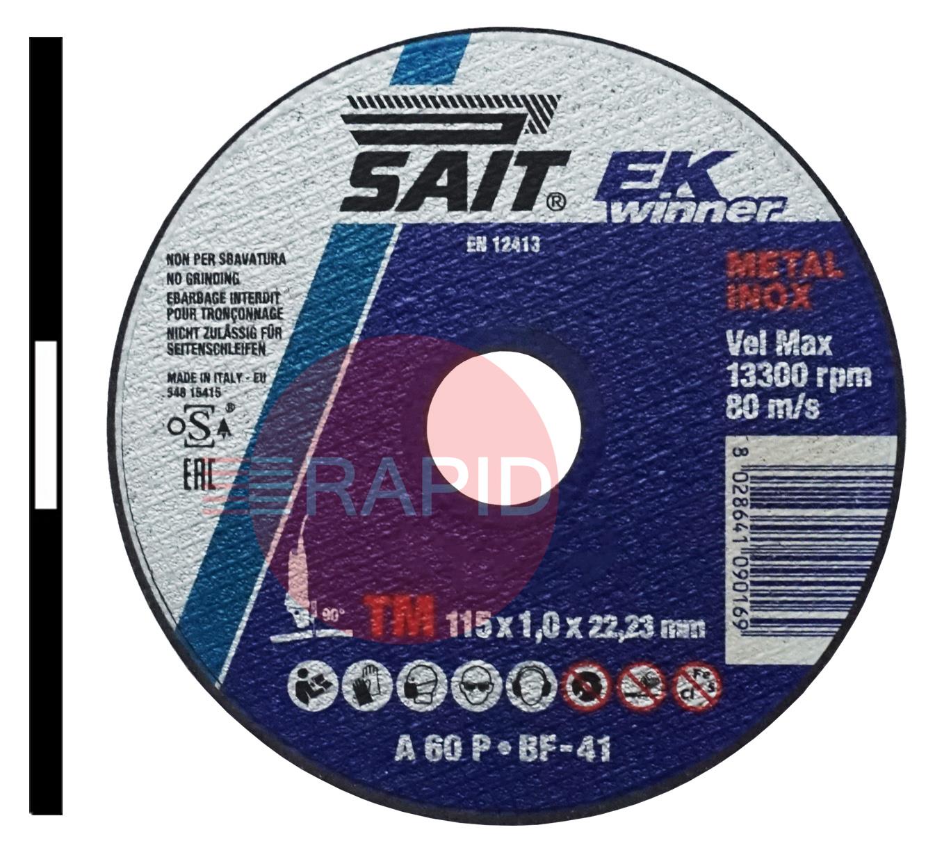 009016  SAIT EK Winner-TM 115mm (4.5) Slitting Cutting Disc 1mm Thick - Grade TM A 60 P