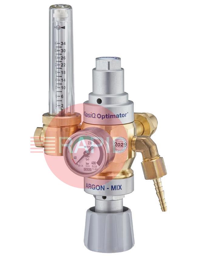 37372010  GasiQ Optimator Argon / Argon Mix Gas Saver Regulator. Side Entry 34Lpm. G5/8 Cylinder Connection. G3/8 Outlets.