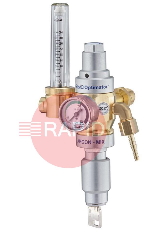 37372090  GasiQ Optimator Argon / Argon Mix Lockable Gas Saver Side Entry Regulator.  34Lpm. G5/8 Cylinder Connection. G3/8 Outlets.