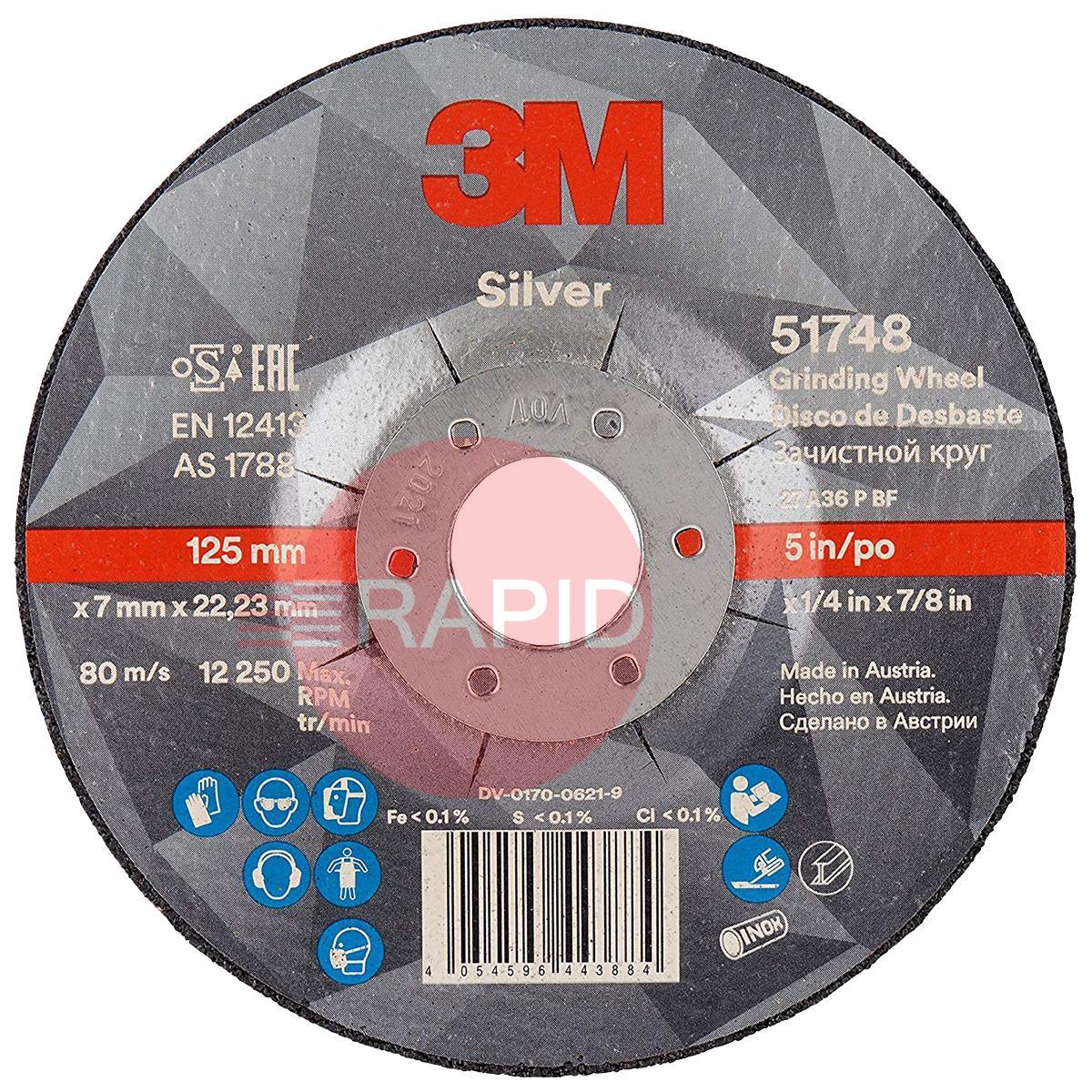 3M-51748  3M Silver Depressed Centre Grinding Wheel 125mm x 7mm x 22.23mm (Box of 10)