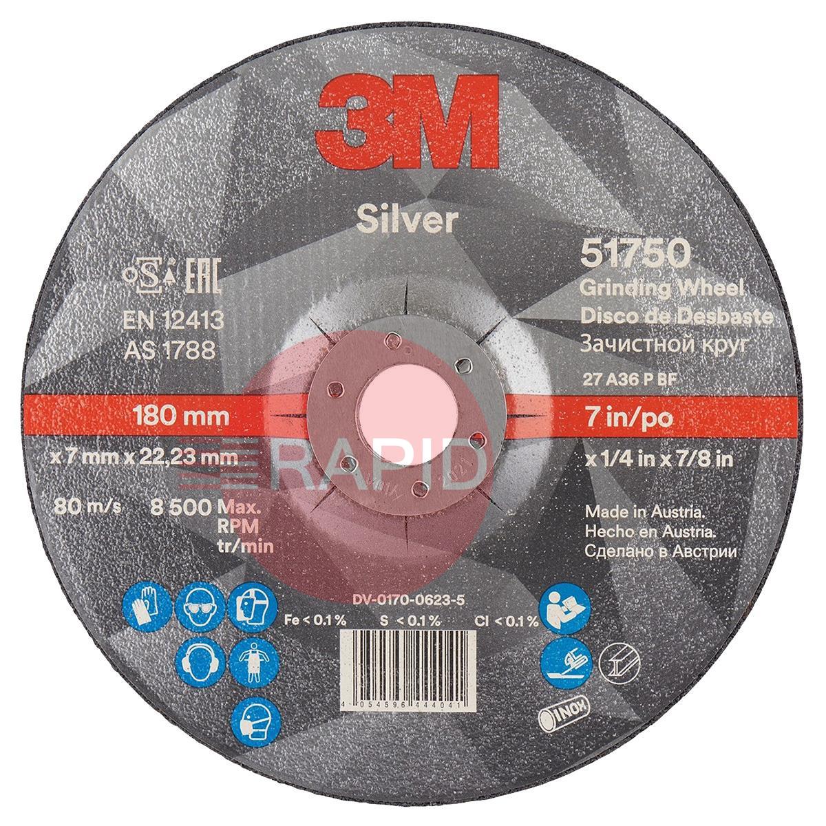 3M-51750  3M Silver Depressed Centre Grinding Wheel 178mm x 7mm x 22.23mm (Box of 10)