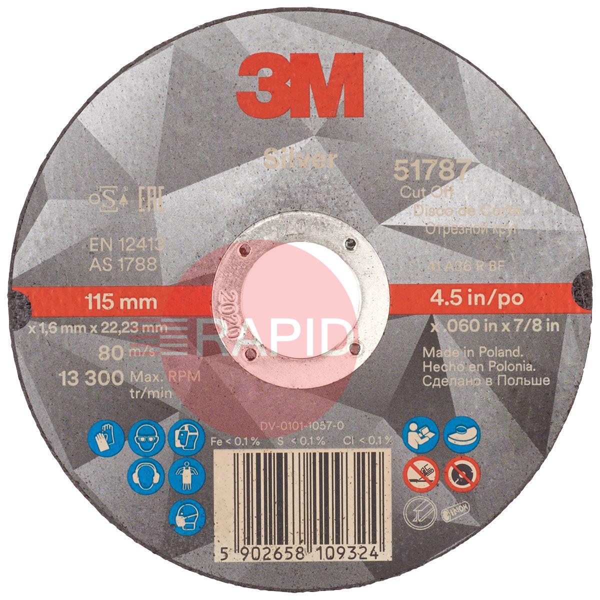 3M-51787  3M Silver Flat Cut-Off Wheel 115mm x 1.6mm x 22.23mm (Box of 25)