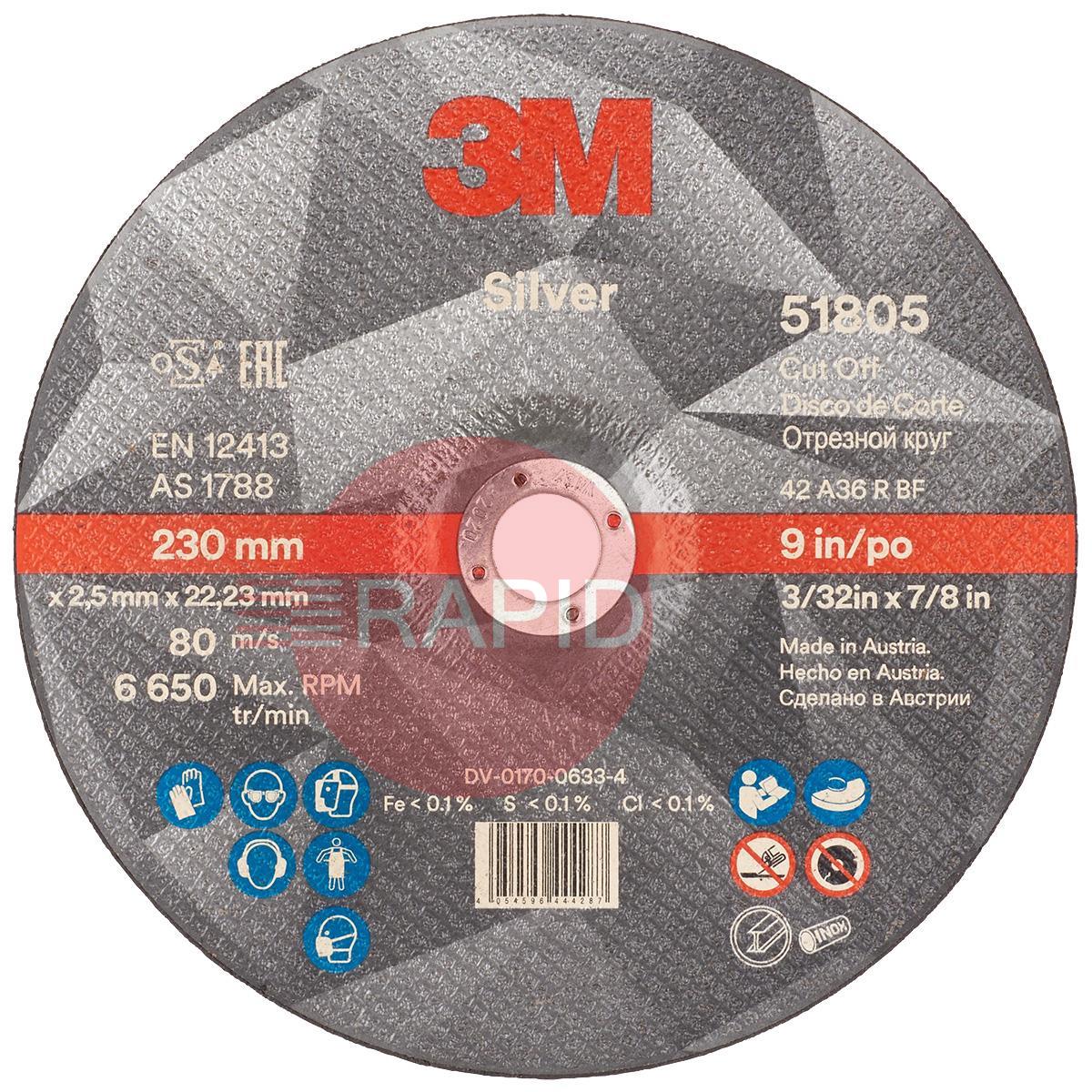 3M-51805  3M Silver Depressed Cut-Off Wheel 230mm x 2.5mm x 22.23mm (Box of 25)