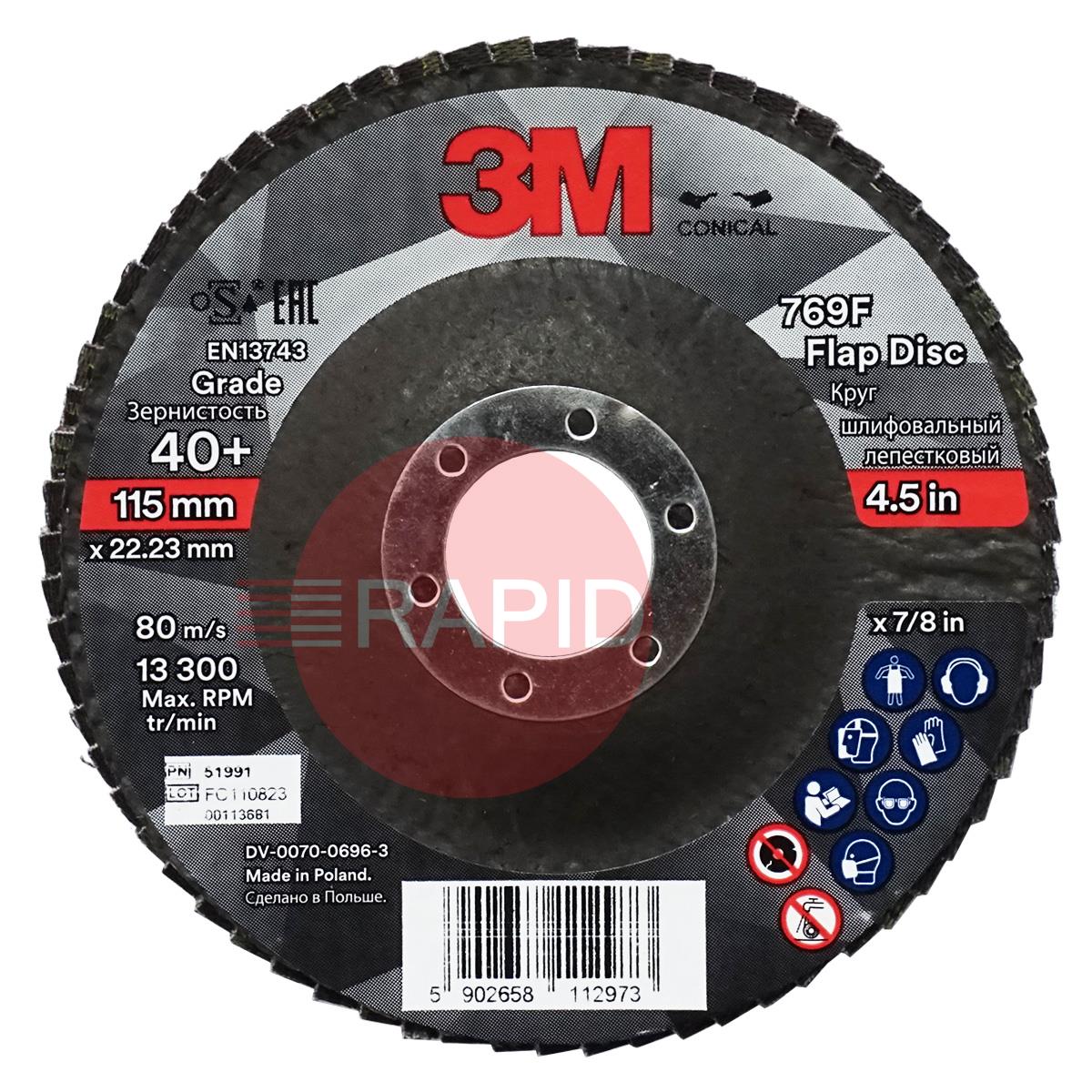 3M-51991  3M Silver Conical Flap Disc 769F 115mm x 22.23mm, 40+ Grit (Box of 10)