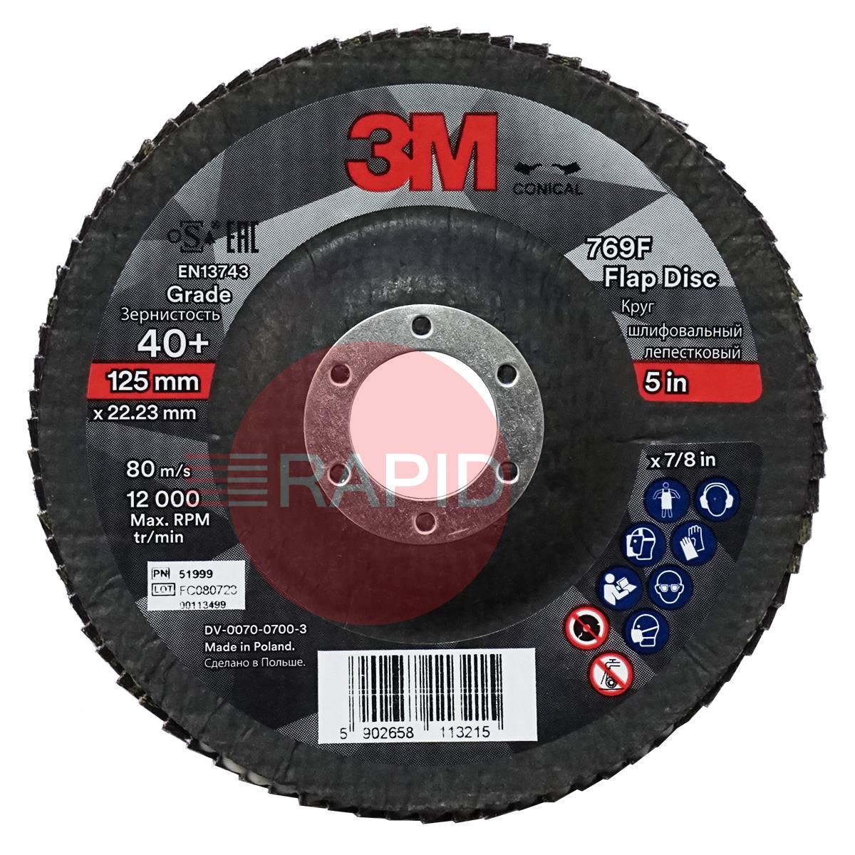 3M-51999  3M Silver Conical Flap Disc 769F 125mm x 22.23mm, 40+ Grit (Box of 10)