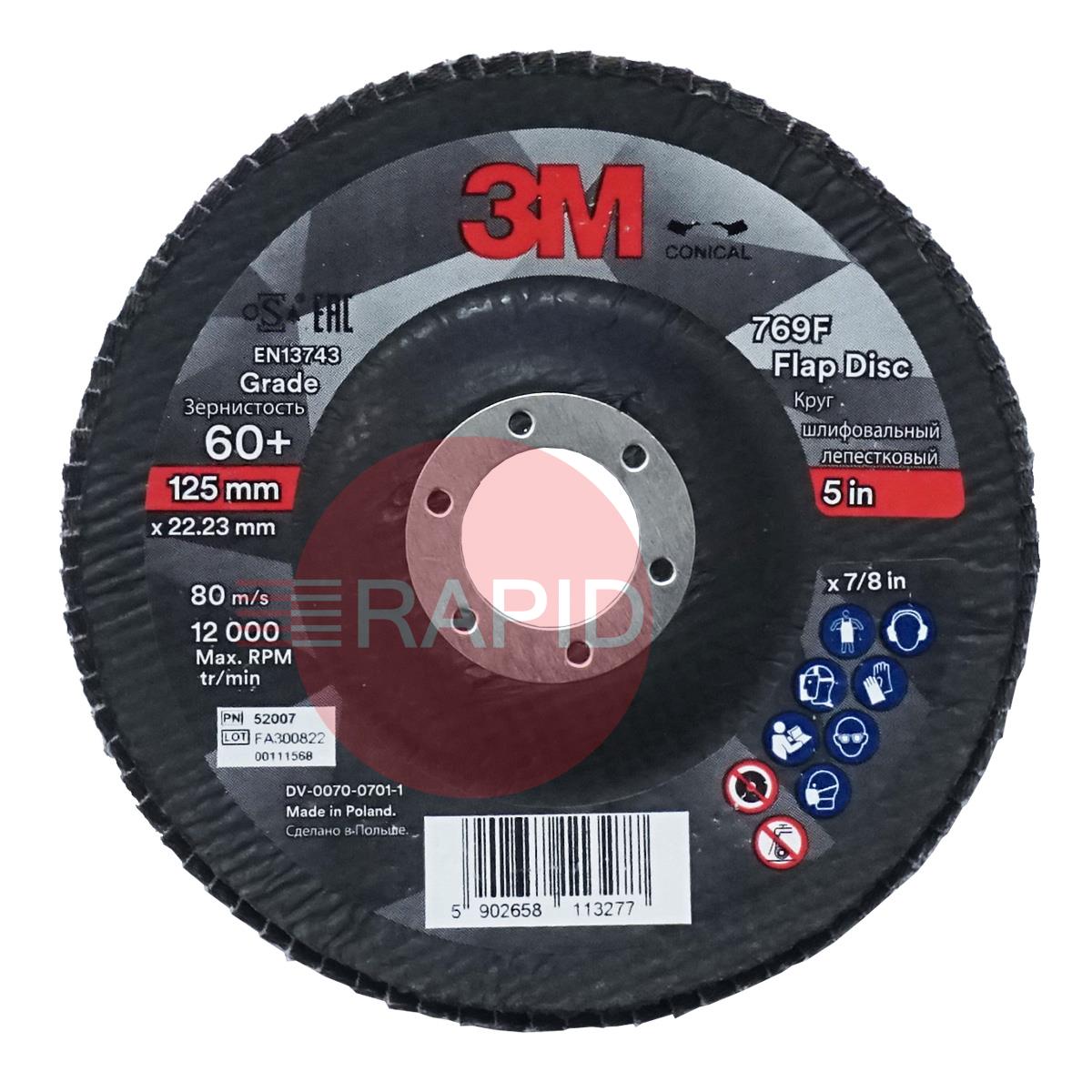 3M-52007  3M Silver Conical Flap Disc 769F 125mm x 22.23mm, 60+ Grit (Box of 10)