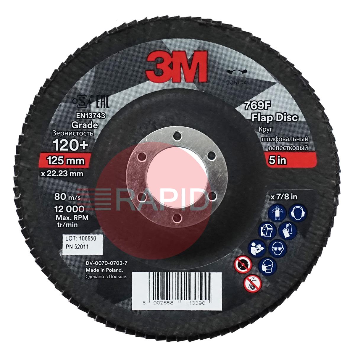 3M-52011  3M Silver Conical Flap Disc 769F 125mm x 22.23mm, 120+ Grit (Box of 10)