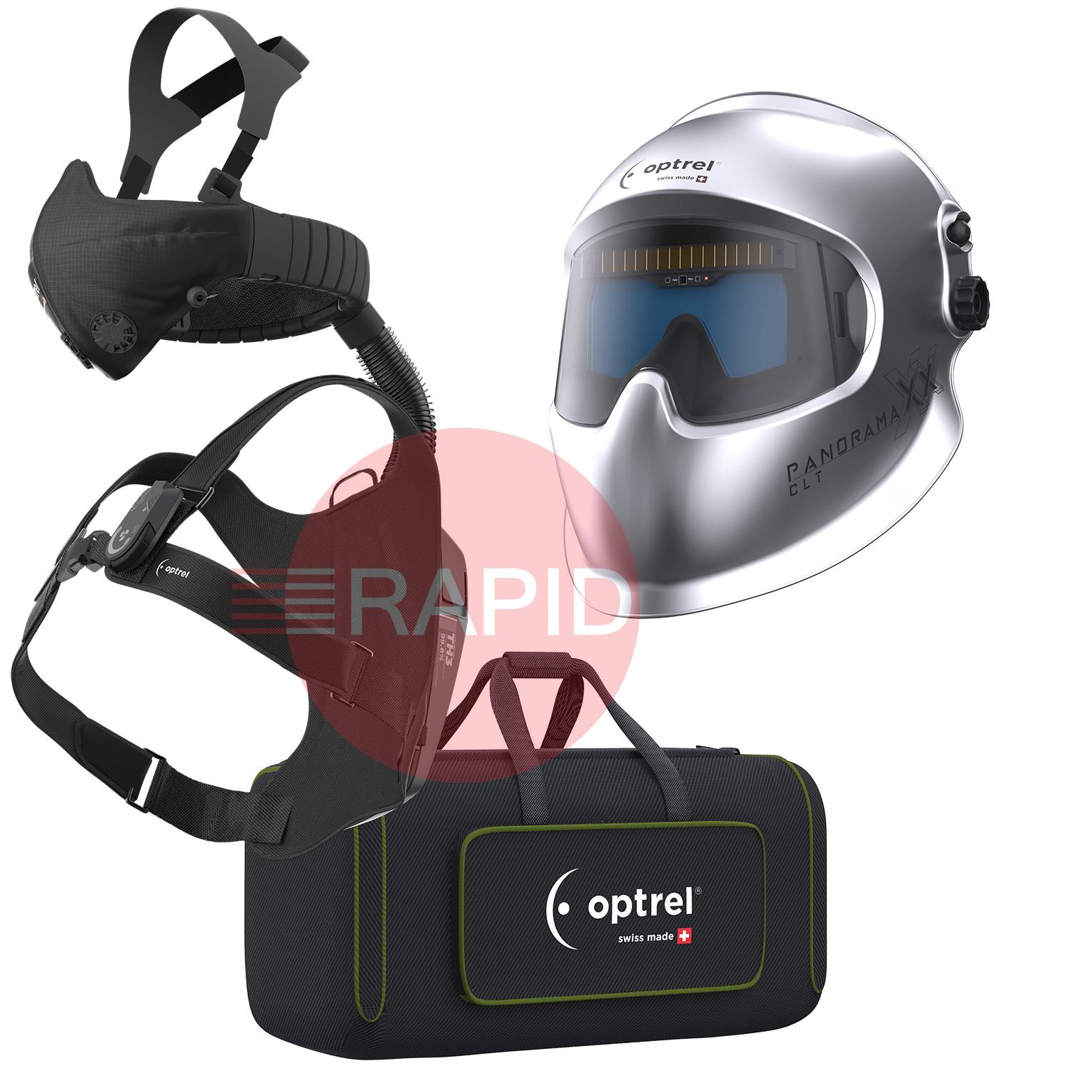 4600.010  Optrel Panoramaxx CLT Silver Welding Helmet & Swiss Air PAPR Air Fed Halfmask System, Ready To Weld Package