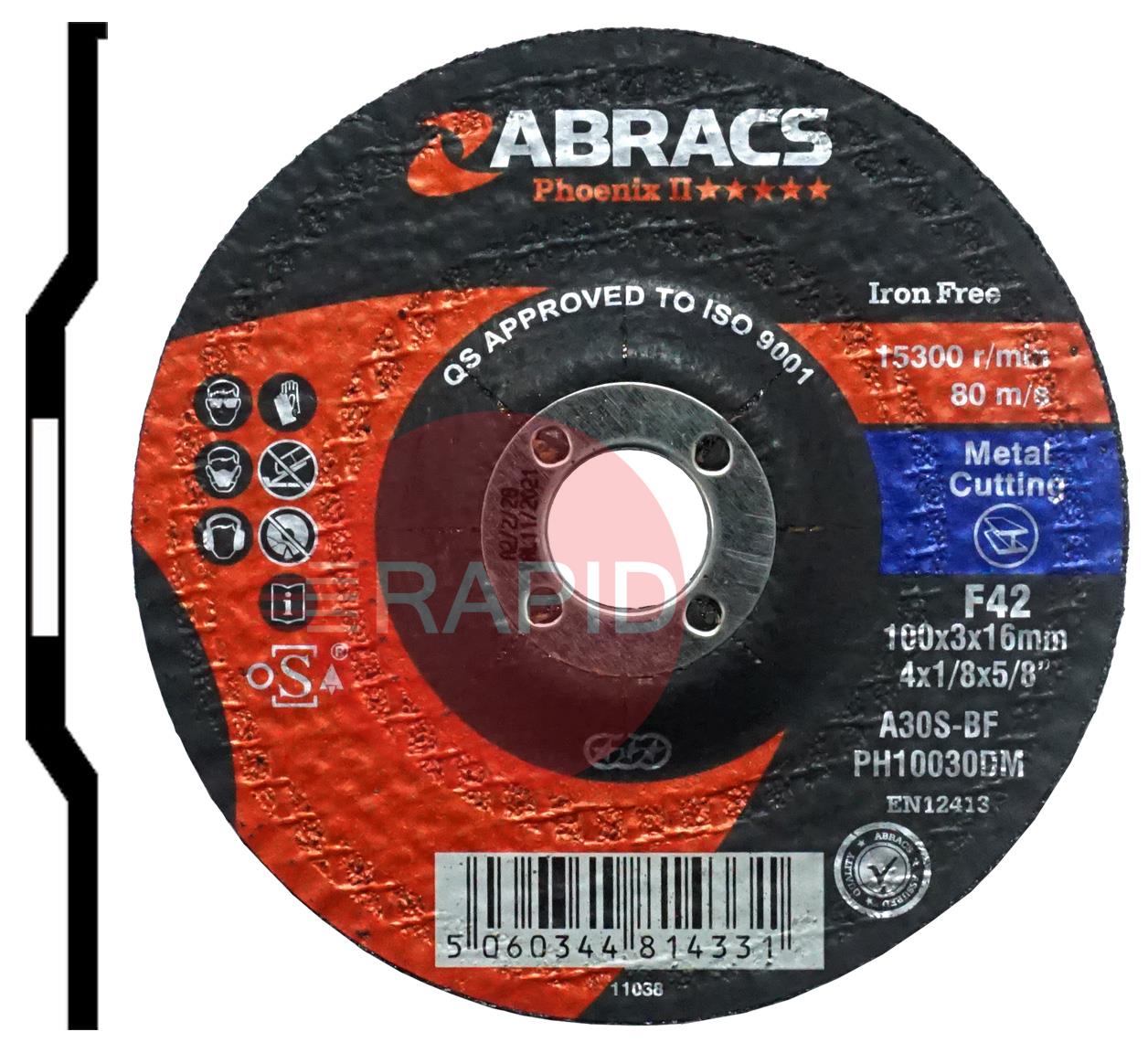 4MC  Abracs Phoenix II 100mm (4) Depressed Centre Cutting Disc 3mm Thick. Grade A30S4 Inox-BF for Steel & Stainless Steel.
