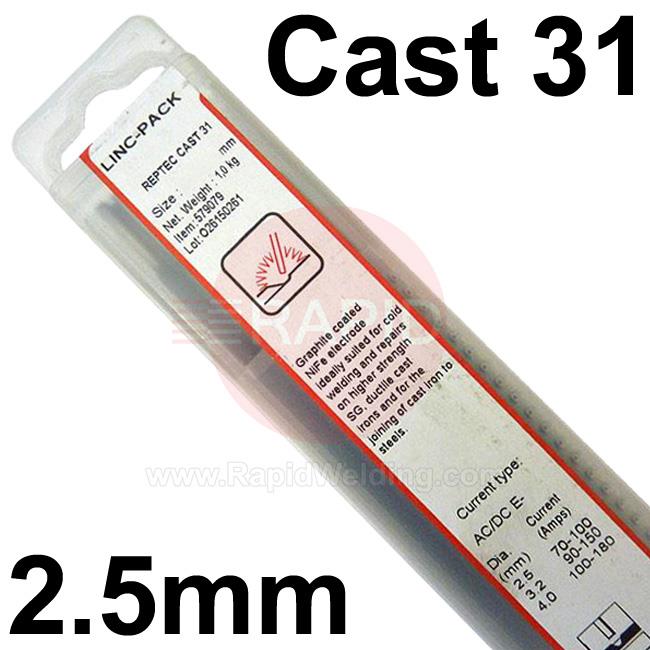 579062  Lincoln RepTec Cast 31 Repair Electrodes 2.5mm Diameter x 300mm Long. 1.0kg Linc-Pack. ENiFe-CI