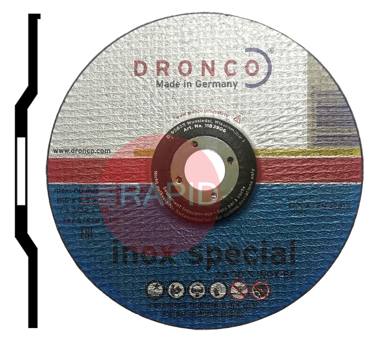 7MC  Dronco 180mm (7) Depressed Centre Cutting Disc 2.5mm Thick. Grade AS 30 S Inox-BF For Steel & Stainless Steel.