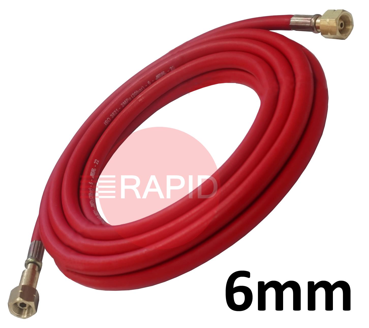 A5123  Fitted Acetylene Hose. 6mm Bore. G3/8 Check Valve & G3/8 Regulator Connection - 5m
