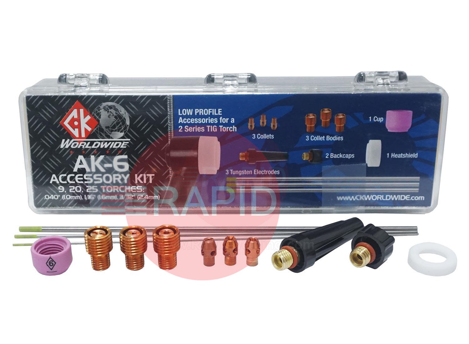 CK-AK6  CK TIG Torch Low Profile Accessory Kit for CK9, CK20, CK100, FL130, CK200, CK230, FL230 (See Chart for Contents)