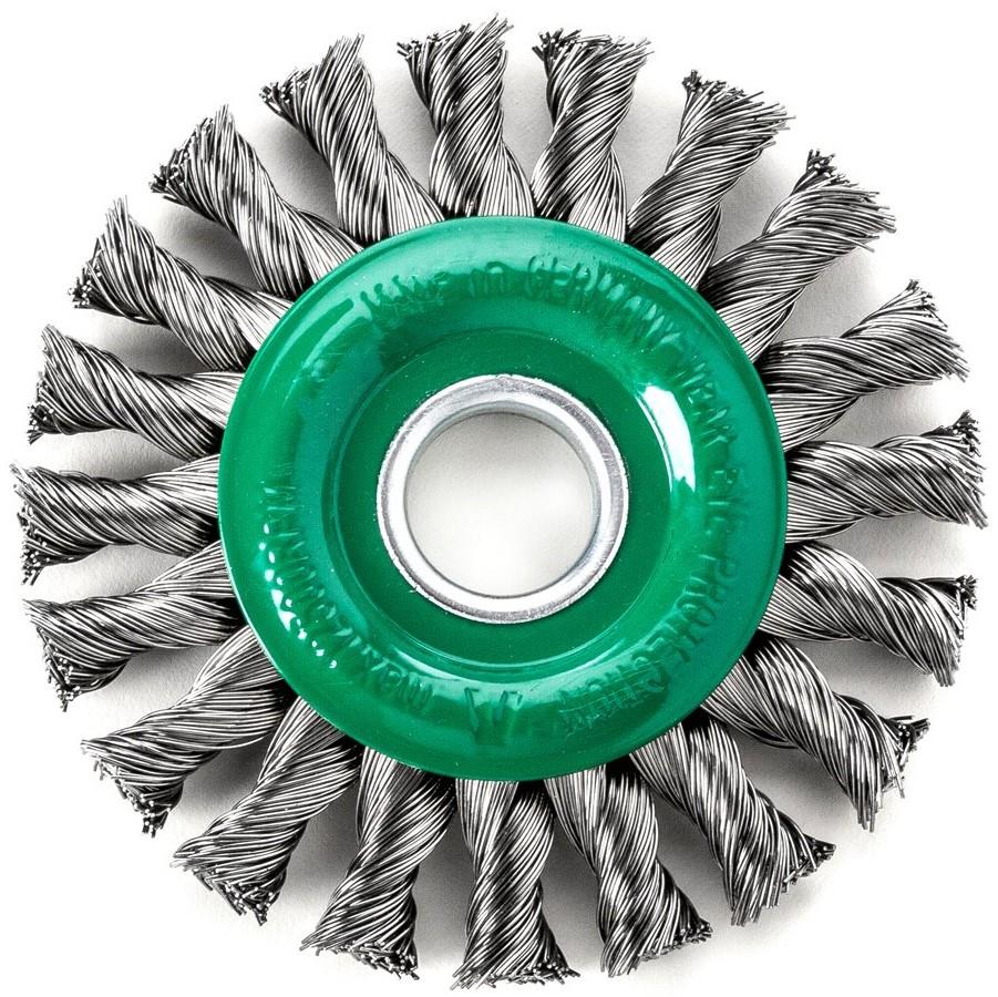 LES472811  Lessmann Twist Knot Wheel Brush 115 x 14mm 22.2mm Bore, 0.50 Stainless Steel Wire