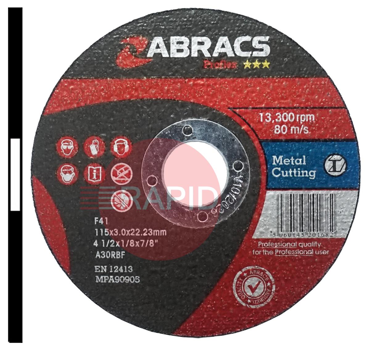 PF11530FM  Abracs Proflex 115mm (4.5) Slitting Cutting Disc 3mm Thick. Grade A30RBF for Mild Steel.
