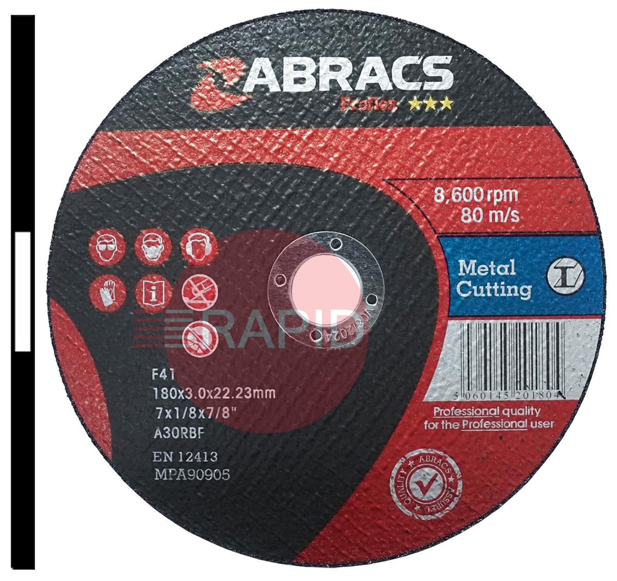 PF17830FM  Abracs Proflex 180mm (7) Slitting Cutting Disc 3mm Thick. Grade A30RBF for Mild Steel.