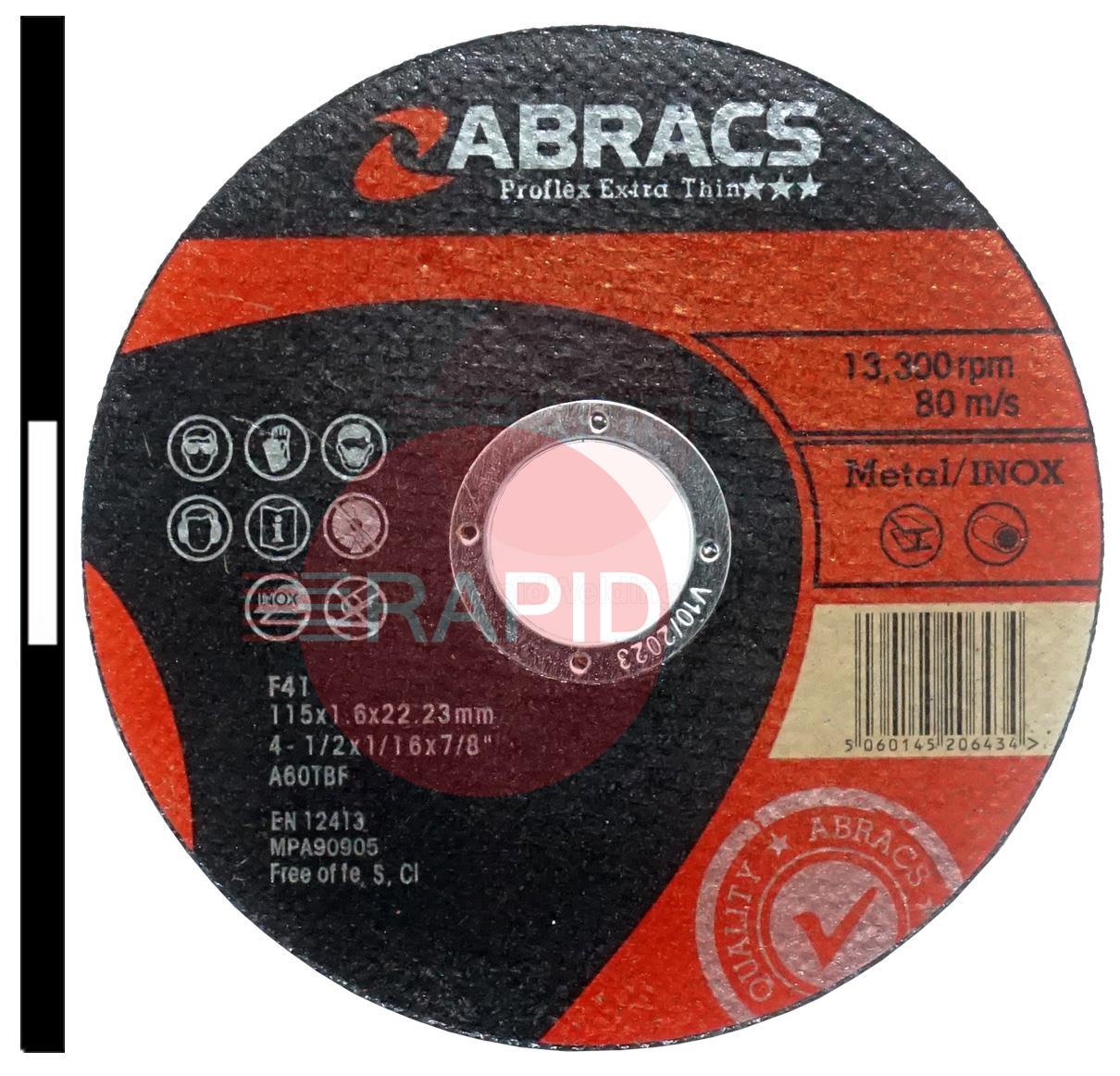 PFET11516FI  Abracs Proflex 115mm (4.5) Slitting Cutting Disc 1.6mm Thick. Grade A60T Inox-BF for Steel & Stainless Steel.