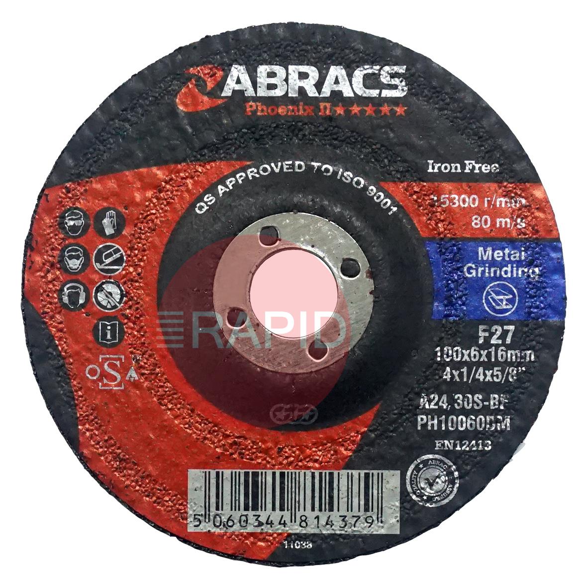 PH10060DM  Abracs Phoenix II 100mm (4) Depressed Centre Grinding Disc 6mm Thick. Grade A24/30S4BF For Steel.