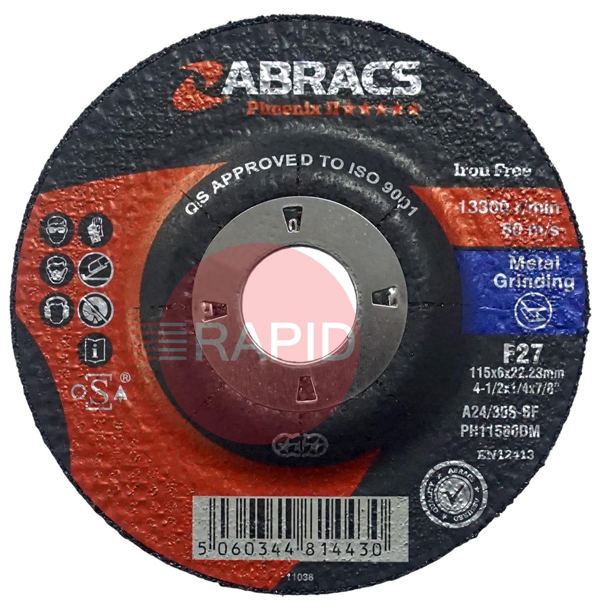 PH11560DM  Abracs Phoenix II 115mm (4.5) Depressed Centre Grinding Disc 6mm Thick. Grade A24/30S4BF For Steel.