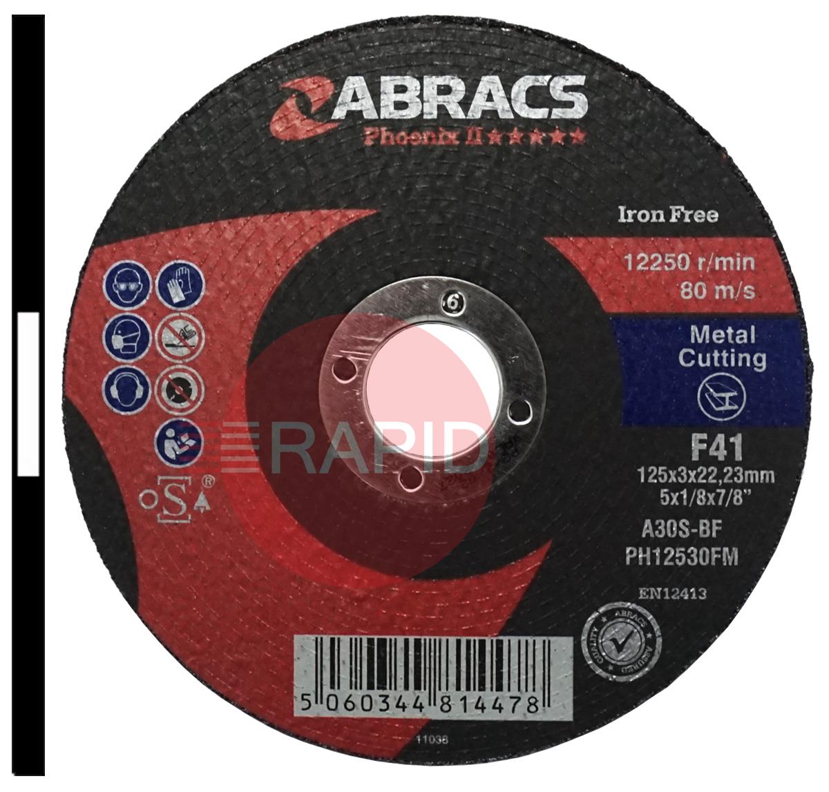 PH12530FM  Abracs Phoenix II 125mm (5) Slitting Cutting Disc 3mm Thick. Grade A30S-BF for Mild Steel.