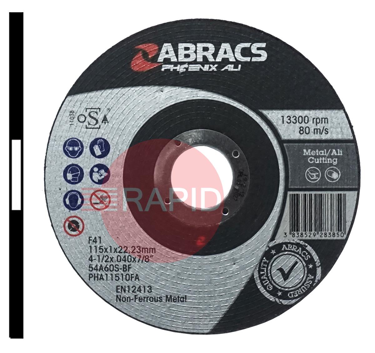 PHA11510FA  Abracs Phoenix Ali 115mm (4.5) Depressed Centre Cutting Disc 1mm Thick, Grade 54A60S-BF For Aluminium.
