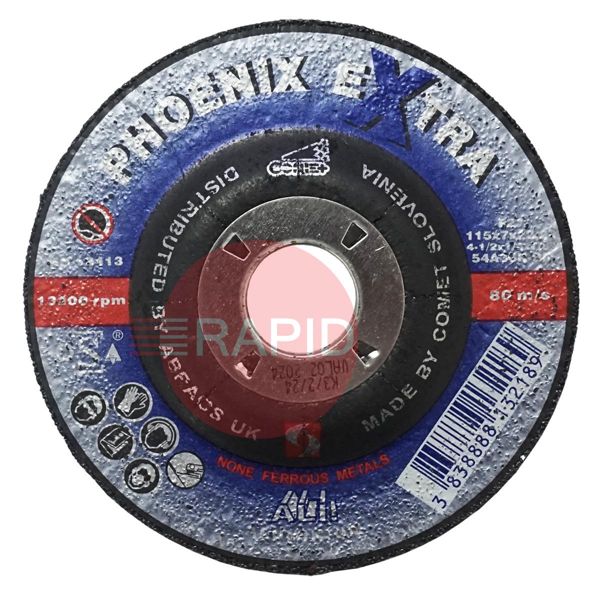 PHA11570DA  Abracs Phoenix Ali 115mm (4.5) Depressed Centre Grinding Disc 7mm Thick. Grade 54A30RBF For Aluminium.
