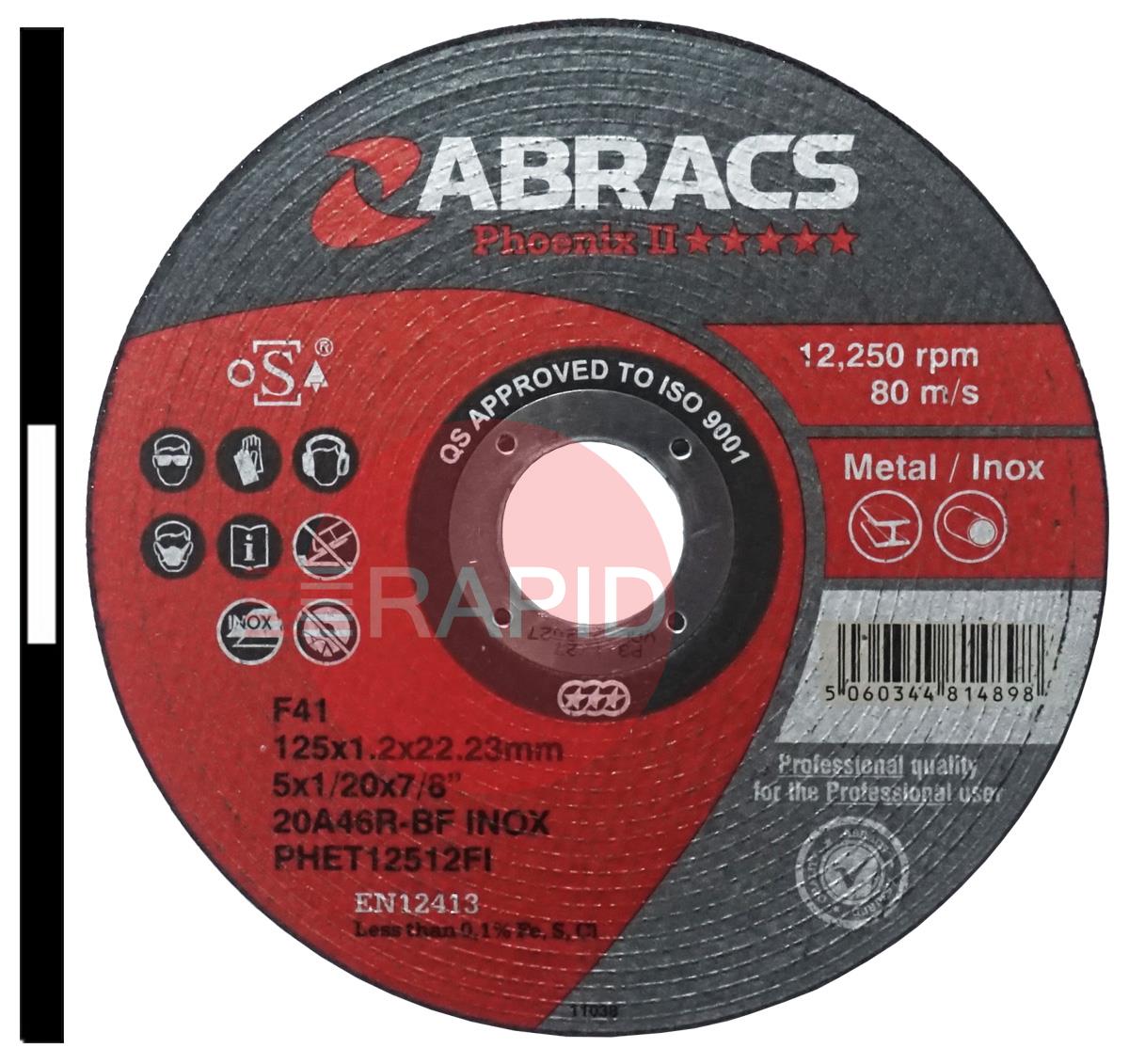 PHET12512FI  Abracs Phoenix II 125mm (5) Slitting Cutting Disc 1.2mm Thick. Grade 20A46R Inox-BF For Steel & Stainless Steel.