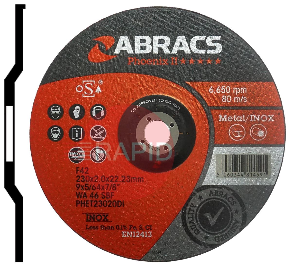 PHET23020DI  Abracs Phoenix II 230mm (9) Depressed Centre Cutting Disc 2mm Thick. Grade 20A46R Inox-BF For Steel & Stainless Steel.