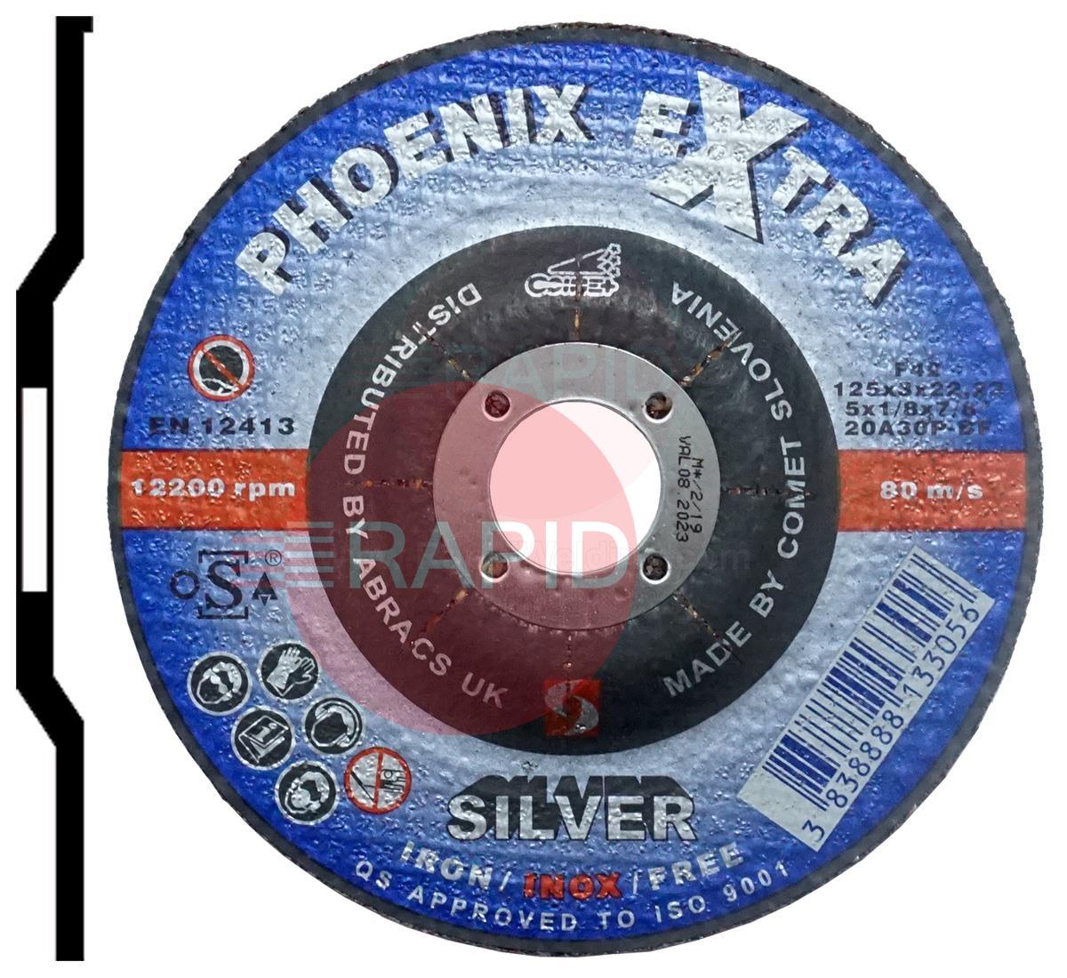 PHS12530DI  Abracs Phoenix Silver 125mm (5) Depressed Centre Cutting Disc 3mm Thick. Grade 20A24R Inox-BF for Steel & Stainless Steel.